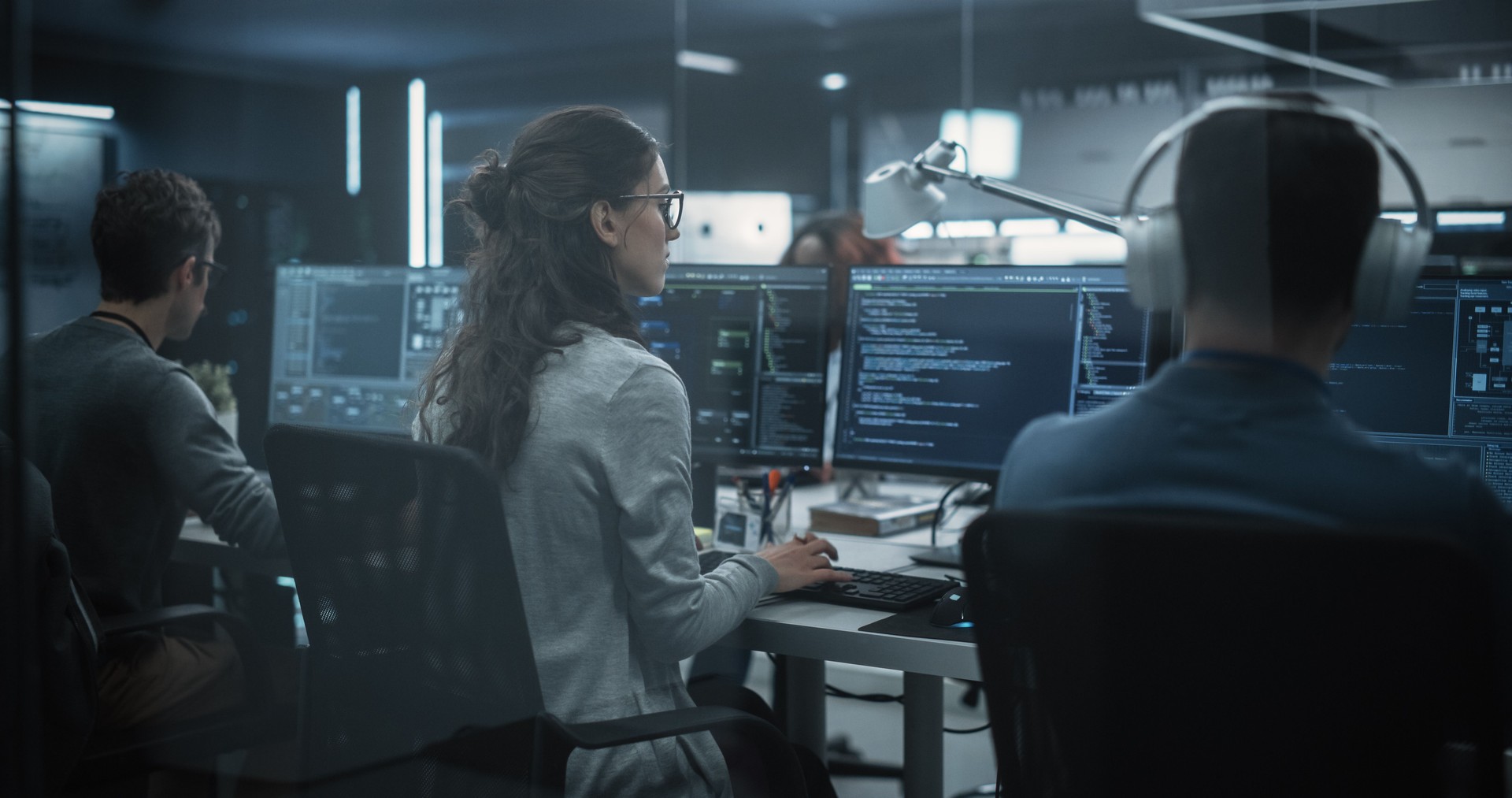 Team of Diverse Multiethnic Software Developers Working on Computers, Programming Advanced Code, Managing Artificial Intelligence Projects Online for Innovative Internet Based Cloud Services