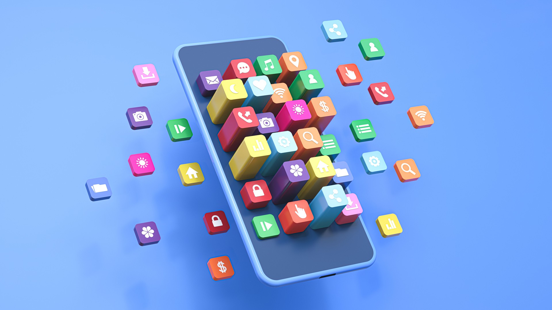 3D render, smartphone, colorful app icons floating, isometric perspective, minimalist design, vibrant colors, blue background, technology concept, social media apps, mobile applications, clean aesthetic, app store visualization